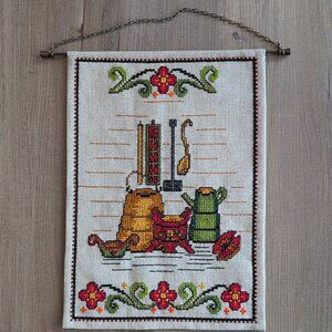 Vintage Kitchen Cross Stitch Wall Art With Metal Dowel